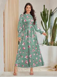 Modelyn Ramadan Floral Printed Shirt Dress With Front Tie For Women - Green - View 5