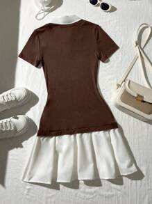 Elamini 女士撞色短袖衬衫领休闲短裙，夏季