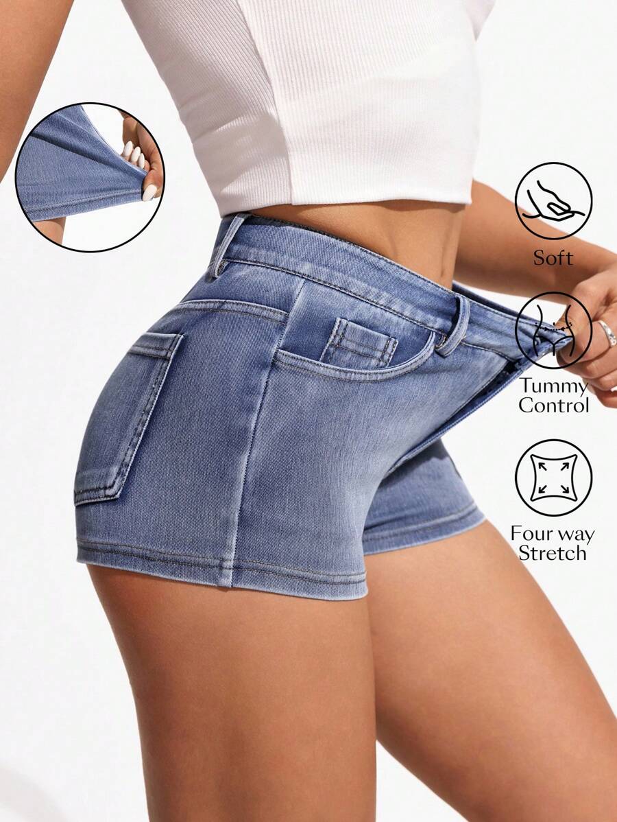 Flexra 女式口袋紧身休闲百搭牛仔短裤 - 淺色水洗藍 - 查看 1