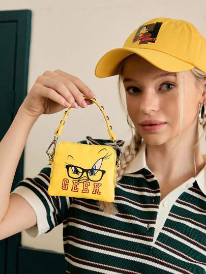 LOONEY TUNES X SHEIN Women's Fashion Personalized Minimalist Cool Streetwear Yellow Print Rivet Handbag, Shoulder Bag, Small Crossbody Bag (3-In-1 Style)