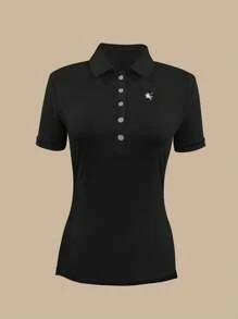 SHEIN Embroidered Polo Collar Fitted Women Blouse - Multicolor - View 3