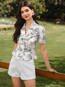 Vintamour Blusa ajustada con estampado de flores elegante y vintage, azul y blanco con flores, camisa de manga corta con volantes para mujer, para volver al colegio, profesora, salir, negocios casuales, vacaciones, cumpleaños, oficina, camisas lindas para mujer, volver al colegio, negocios casuales, oficina, profesora, camisa abotonada - Negro - Ver 5