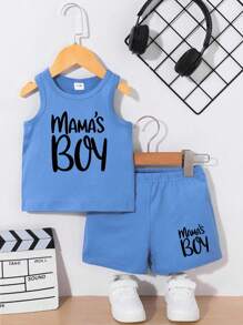 SHEIN 2pcs/Set Baby Boy Fashion Simple Letter Print Tank Top & Shorts Set, Suitable For Outing In Summer - Blue - View 6