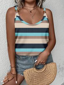 EMERY ROSE Plus Size Women's Colorful Striped Print Camisole Tank Top,Navy Blue Summer Boho Vacation Holiday Casual Minimalist Round Ring Decor Spring/Summer - Multicolor - View 4