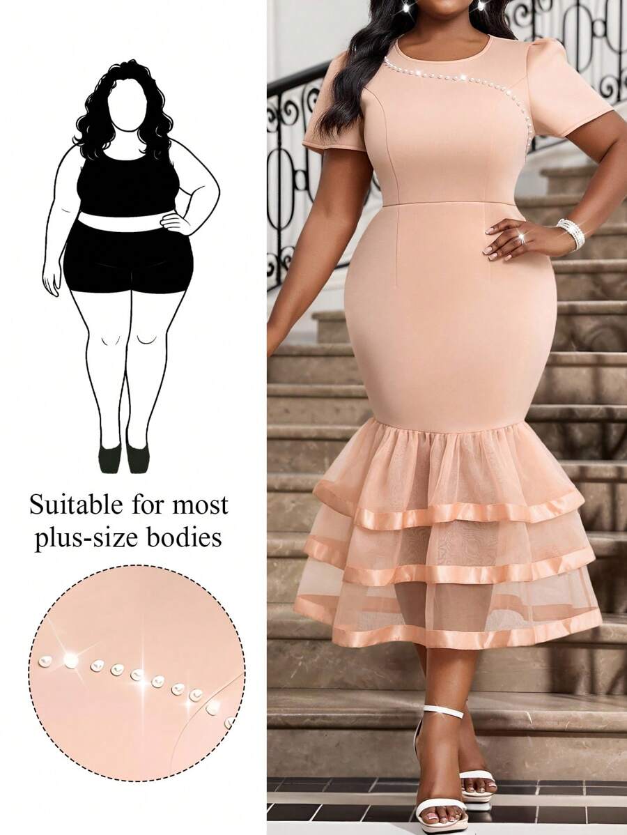 SHEIN Lady Vestido maxi con escote redondo, mangas cortas, decoración de pedrería y bajo con cola de pez para mujer plus size. Elegante para primavera, verano, otoño e invierno. Vestido elegante de punto con volantes y pedrería, para ocasiones como trabajo, boda, cóctel, San Valentín, Año Nuevo. Vestido ajustado con cola de pez, de talla grande, formal, para graduación o crucero.