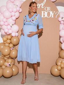 Loomaby 优雅刺绣蕾丝边孕妇装 - 藍色 - 查看 5