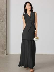 Heiryn Bộ 2 món áo vest trơn màu thanh lịch và chân váy xếp ly cho nữ - màu đen - Xem 5