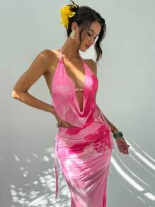 Aloruh مجموعة سيدات صيف مكونة من كامي بطبعة زهرية وياقة خطافية وتنورة ماكسي مكسرة الحافة، مثيرة