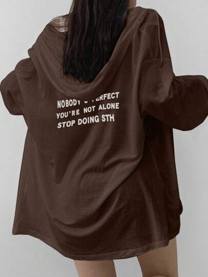 DAZY Women Oversized Graphic Print Open Front Hooded Lightweight Cardigan Jacket, White, Spring/Summer/Autumn