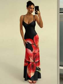 Aloruh 细肩带紧身节日花卉性感印花女式连衣裙，红百合，夏威夷花卉连衣裙，适合海滩、度假、派对、优雅约会、波西米亚风格服装、紧身连衣裙