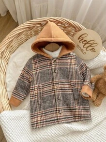 SHEIN Newborn Baby Girls' Cute Versatile Plaid Hooded Jacket, Autumn/Winter Baby Boy Fall Clothes Baby Boys Fall Clothes Baby Girl Fall Clothes Jackets Brown Vintage Baby Boy Clothes Baby Boy Spring Jacket - Grey - View 3