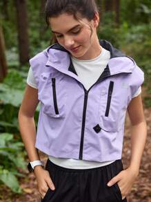 In My Nature Veste sans manches extérieure court à capuche pour femmes - Prune - Voir 6