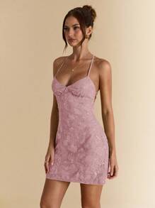 SHEIN BAE 夏季女式露背亮片提花绿色度假迷你连衣裙 - 藕粉色 - 查看 4