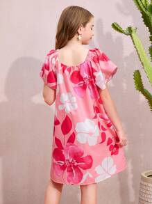 女童花朵和叶子印花荷叶边袖蝴蝶结细节 A 字裙，适合夏季度假旅行海滩 - 粉色 - 查看 2