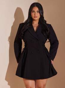 SHEIN BAE Plus Size Women Long Belted Suit Jacket, Black Elegant Blazer/ Plus Size Blazer Dress/ Blazer Dress Plus Size/ Plus Size Black Elegant Dress/Fall Clothes Plus Size/Back To School Clothes/Homecoming /Early Autumn/Winter Women Clothes/Long Sleeve Women Tops/Evening /Fall/Winter Clothes/Fall Wedding Guest Dress/Halloween/Christmas/Classy Elegant /Formal /Y2k/Party /Birthday /Going Out /Plus Size /Curve