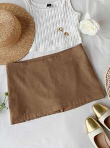 Comfortcana Falda mini de lino informal de cintura baja y corte evasé de unicolor para el verano, para mujer - Camel - Ver 4