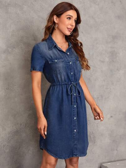 SHEIN LUNE Women Casual Drawstring Waist Button Front Denim Effect Dress, Summer Denim Dress Women Jean Dress Denim Shirt Dress,Casual