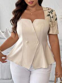 Vionelle 大码女式优雅奢华简约办公室女士/度假风格短袖衬衫，雪纺/提花撞色拼接，鸡心领，收腰设计，双排扣，适合春夏季