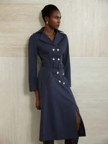 Aveloria Modichic Bộ 2 món/Bộ Áo crop top dài tay ve hai hàng khuy cho nữ + Chân váy chữ A xẻ tà màu trơn trang phục công sở thanh lịch thường ngày cho nữ - Màu xanh hải quân - Xem 4