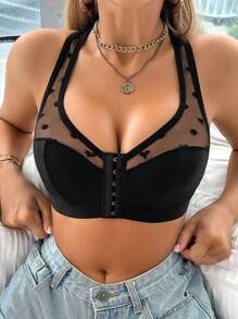 SHEIN 1pc Fashionable Casual Solid Color Heart Net Splice Ribbed Front Button Gather Wireless Bra Bra For Women - Black - View 5