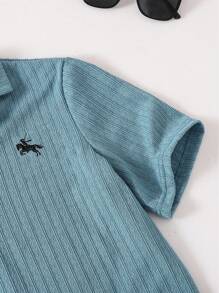 Older Boys Textured Striped V-Neck Embroidered Top & Shorts 2 Pieces Set, Casual Fashion - White - View 4