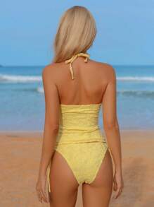 SHEIN Swim Mod 女士吊带背心和比基尼泳装，黄色可爱款式，特殊面料两件套泳衣，海滩度假泳衣 - 黃色 - 查看 4