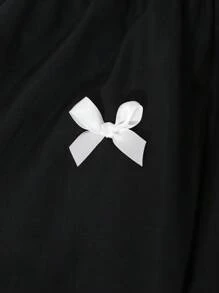 SHEIN ChillGRL 青少年女孩蝴蝶结网眼衬衫和蝴蝶结系带泡泡袖多层连衣裙两件套 - 黑色 - 查看 5