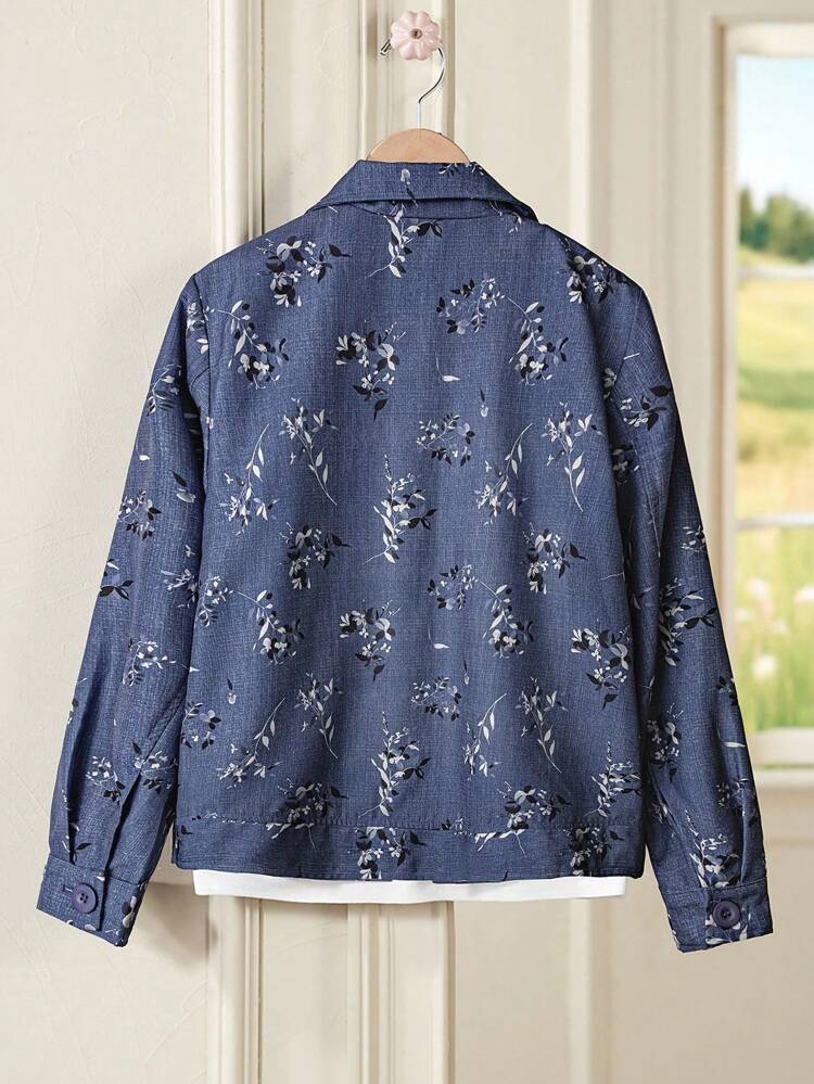 Veste longue à manches longues pour femmes grandes tailles, effet denim imprimé floral automnal. Automne/Hiver, simple et à la mode pour un port quotidien, sortie