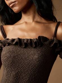 MISSGUIDED Textured Stretch Bardot Bodysuit Off Shoulder Ruffle Detail Long Sleeves Special Occasion Evening Party Resort Wear