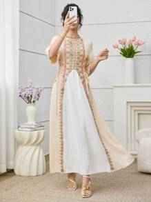 SHEIN Najma Color Blocked Embroidery Trim Lace Up Short Sleeve Dress For Women - Multicolor - View 6