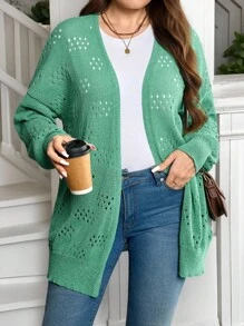 SHEIN Femmes grande taille Cardigan mi-long à manches longues à épaules tombantes, couleur unie, style ajouré