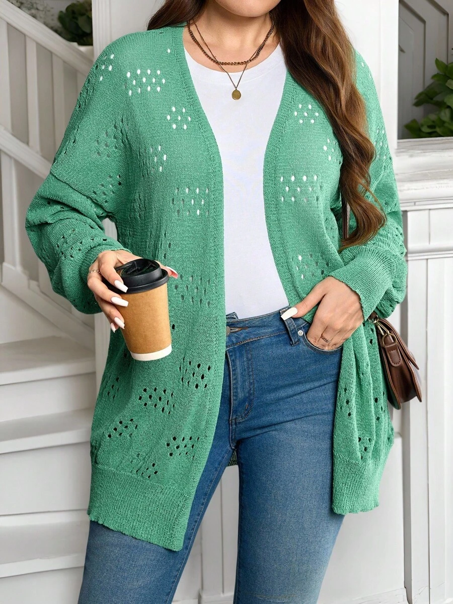 SHEIN Femmes grande taille Cardigan mi-long à manches longues à épaules tombantes, couleur unie, style ajouré