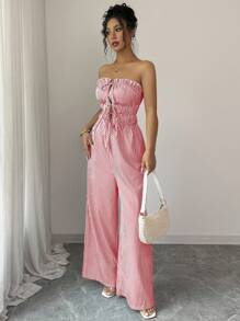 Elenzga Jumpsuit Bandeau Bergaris Kasual Wanita untuk Musim Panas - Merah - View 4