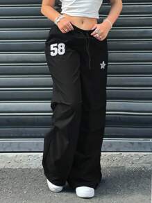 SHEIN 少女黑色星星&英文图案阔腿低腰裤，街头风格，返校，可爱，度假家庭户外春季野餐日常穿着，适合各种场合星星裤58裤数字裤阔腿裤黑色裤子
