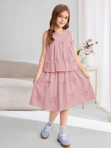 SHEIN Tween Girls Comfortable Solid Color Sleeveless Top And Mini Skirt 2-Piece Set - Dusty Pink - View 8