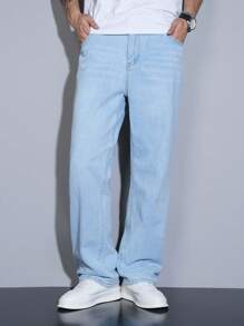 Manfinity Homme 大码男士经典百搭简约休闲第五代水洗牛仔直筒牛仔裤，四季皆宜 - 淺色水洗藍 - 查看 4