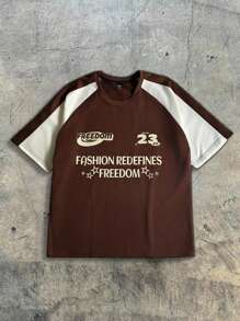 Manfinity Campus Court Men's Casual Color Block Letter Print T-Shirt, Summer Freedom Shirt Brown Graphic Tee Men Men Graphic Tshirt Brown Tshirt Men Casual Tshirt Men - Multicolor - View 2