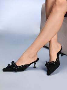 CUCCOO GRLICON Women's Pointed Toe Low Vamp Sexy Bow Knot Metal Rivet Chunky Heel Sandals - Black - View 7