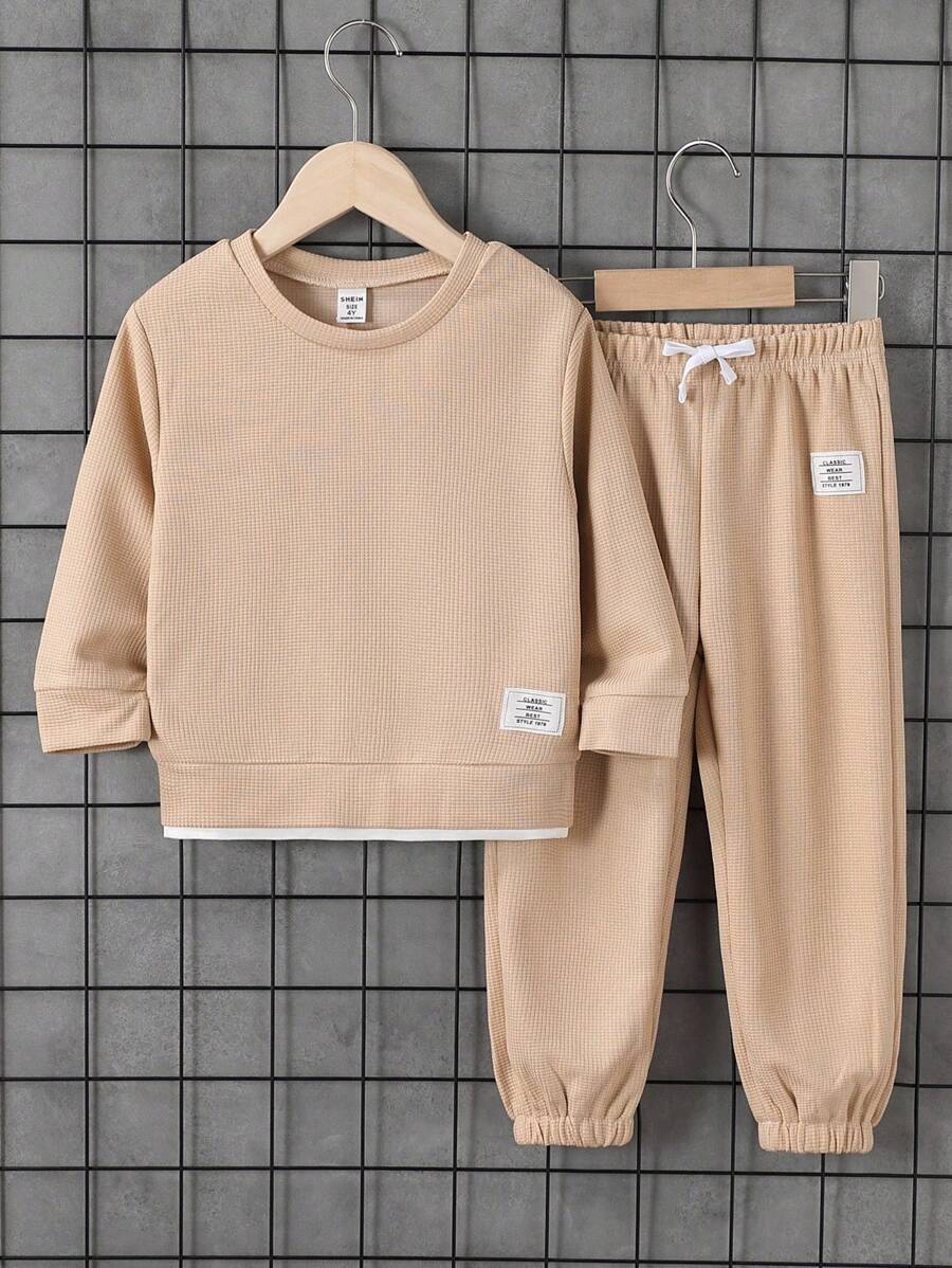 SHEIN 2 sztuki/zestaw dla chłopców, bluza z długim rękawem i okrągłym dekoltem, casualowy zestaw ze spodniami i naszywką waflową, odpowiedni na co dzień, do sportu, na powrót do szkoły, na wiosnę i jesień