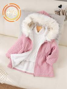 SHEIN Baby Girl Casual Fleece Hooded Jacket With Faux Fur Collar, Autumn & Winter Fall - Pink - View 10