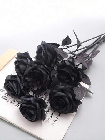Goth 1pc Black Rose Artificial Flowers, Home Decoration, Photo Props,Gothic Black Rose Fake Flower – Artificial Rose For Halloween Decor, Dark Wedding, Witch Party, Haunted House, Vampire Gothic Home Decoration, Spooky Centerpiec