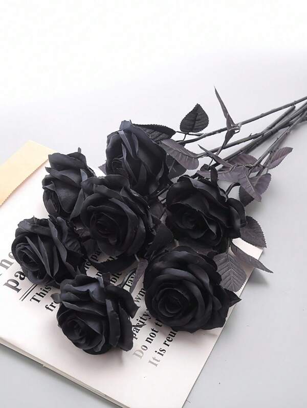 ROMWE Goth 1pc Black Rose Artificial Flowers, Home Decoration, Photo Props,Gothic Black Rose Fake Flower – Artificial Rose For Halloween Decor, Dark Wedding, Witch Party, Haunted House, Vampire Gothic Home Decoration, Spooky Centerpiec