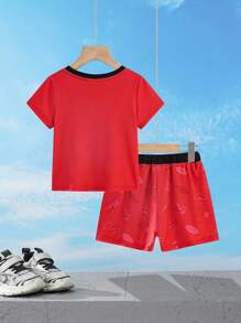 SUPERMAN X SHEIN Young Boy Summer Casual Superhero Contrast Trim Round Neck Short Sleeve T-Shirt And Shorts Set - Multicolor - View 2