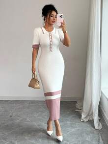 Elenzga Elegantes, simples enges Streifen-Jerseykleid mit Mock Neck, teilweise Knopfleiste vorne und kurzen Ärmeln