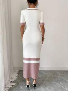 Elenzga Elegantes, simples enges Streifen-Jerseykleid mit Mock Neck, teilweise Knopfleiste vorne und kurzen Ärmeln