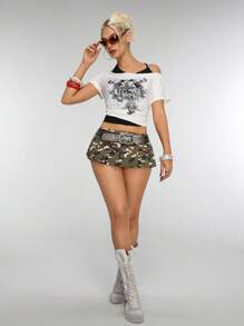 Jeanoix 低腰迷彩性感百褶迷你裙 - 彩色 - 查看 4