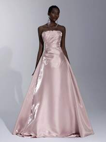 Elitara Minimalist Futuristic Liquid Satin Pleated A-Line Hem Banquet Dress, Light Dress, Formal Dress - Dusty Pink - View 1