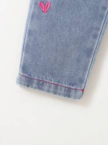 SHEIN 女孩休闲舒适柔软水洗彩色刺绣花卉腰哈伦裤，时尚假日/街头风，轻盈夏季 - 中等水洗藍 - 查看 4