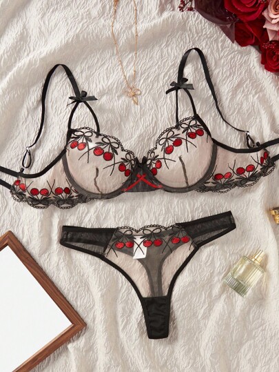 Women Cherry Geborduurde Mesh Verleidelijke Lingerie Set, able Schattige view 5