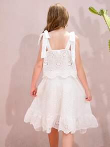 Set de 2 piezas con top de tirantes con bordado calado y falda para niña preadolescente, ideal para verano y viajes - Blanco - Ver 2